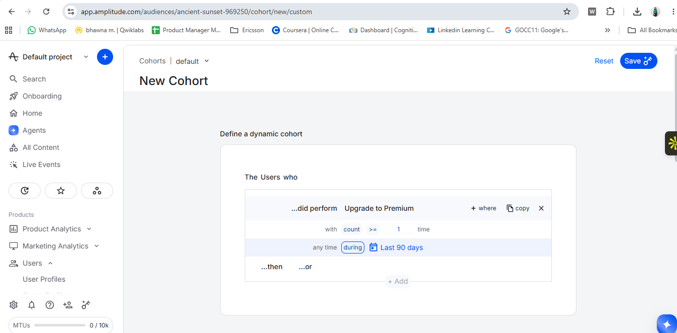 Amplitude New Cohort screen: users who performed Upgrade to Premium, count >= 1 time, during Last 90 days — a correct definition that could not be saved on the free Starter plan (dynamic cohorts are a paid feature)