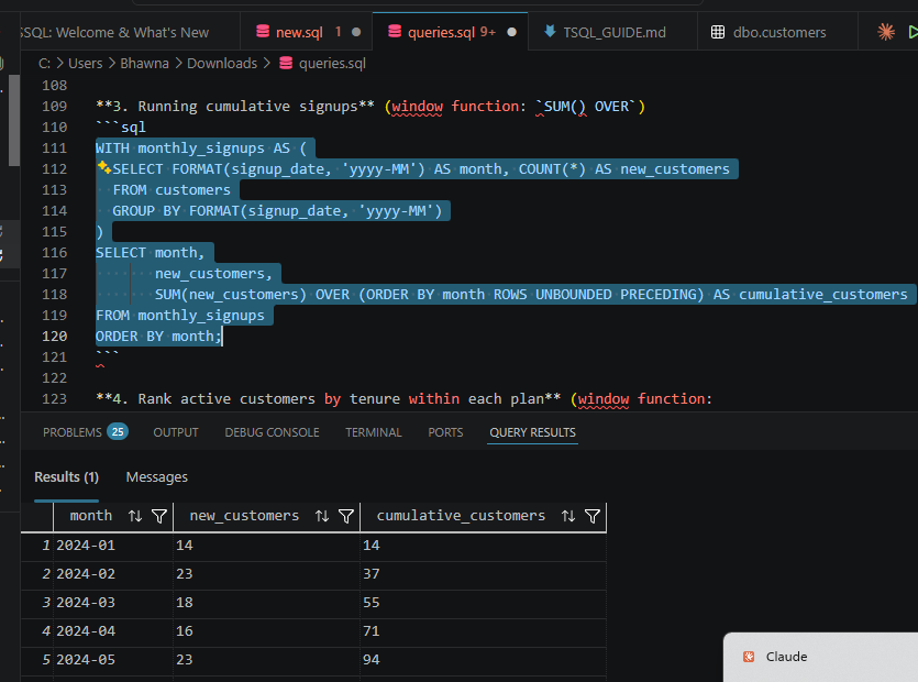 T-SQL query using SUM() OVER with an explicit ROWS UNBOUNDED PRECEDING frame for running cumulative signups; result climbing 14, 37, 55, 71, 94