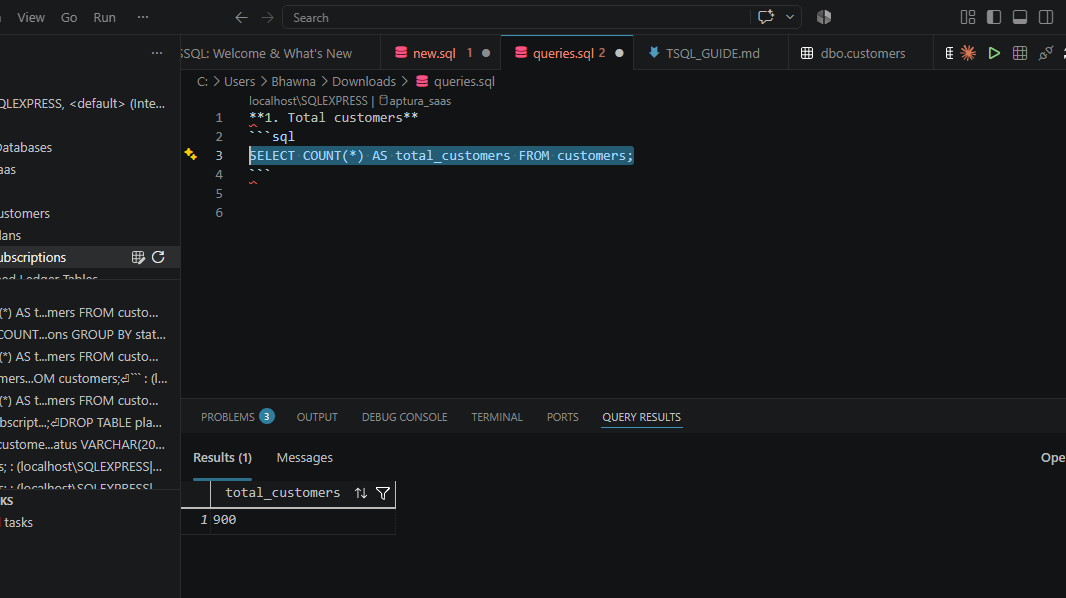 T-SQL query: SELECT COUNT(*) AS total_customers FROM customers; result: 900