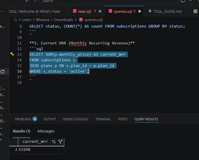 T-SQL query joining subscriptions to plans for current MRR; result: 63298